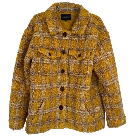 Driftwood Ryan Plaid Sherpa Teddy Jacket Women’s Gold Size Medium Button Front - Picture 2 of 11